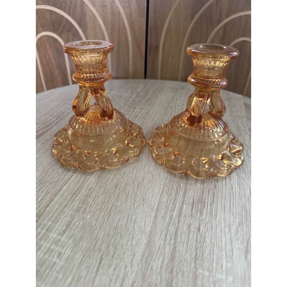 PAIR Vintage Amber Westmoreland Glass Doric Lace Candlestick Holders